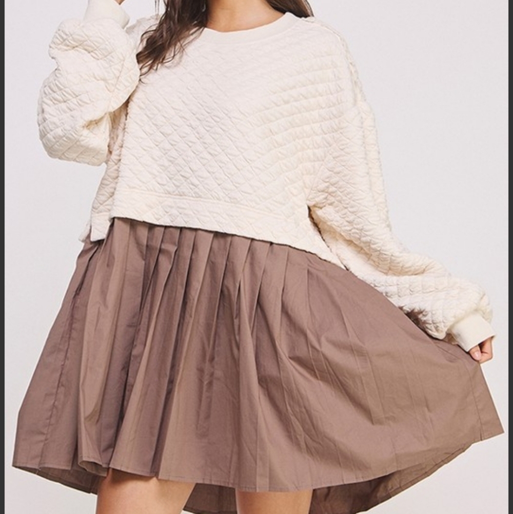 Jade by Jane Quilted Diamond Colorblock Babydoll Mini Dress Cream Taupe Size S/M - Picture 4 of 9